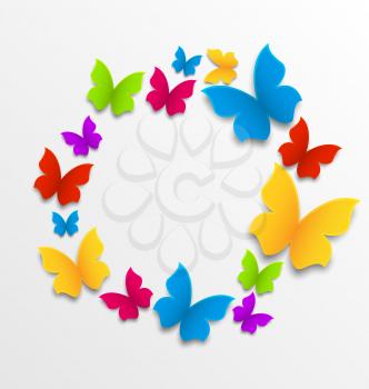 Illustration spring card with colorful butterflies, circle composition - vector