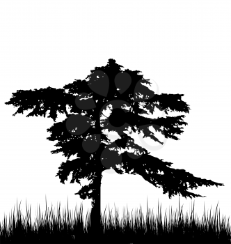 Illustration tree and grass in silhouette are isolated on white background - vector