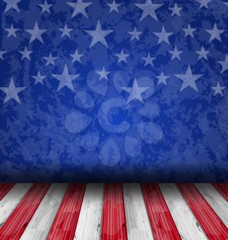 Illustration empty wooden deck table over USA flag background - vector