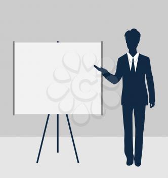 Trainer stand near whiteboard presentation demo and speak project brief - vector