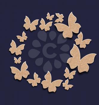 Illustration circle frame with butterflies made in carton paper - vector