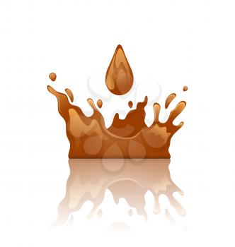 Illustration chocolate splash crown with droplet and reflection, isolated on white background - vector