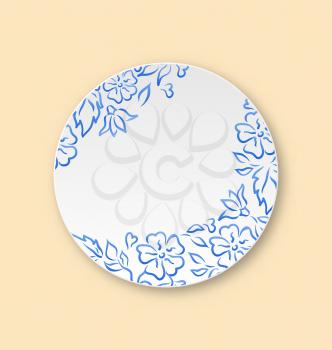 Illustration white plate with hand drawn floral ornament, empty ceramic plate - vector