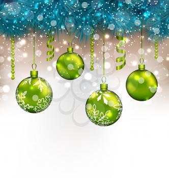 Illustration traditional decoration with fir branches and glass balls for Happy New Year - vector
