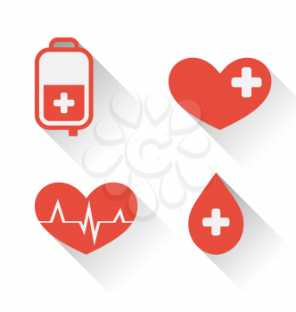 Illustration flat medical icons of donate blood with long shadow - vector