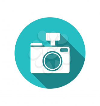 Icon photo camera white cuted on blue round backdrop with long shadow, Metro style - vector