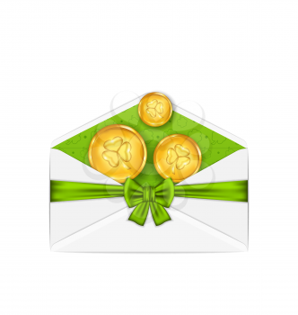 Illustration open white envelope with golden coins and bow ribbon for St. Patrick's Day, isolated on white background - vector