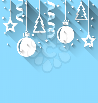 Illustration Christmas background with fir, balls, stars, streamer, trendy flat style - vector