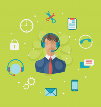 Illustration concept of call center with operator man in headset , helpdesk service - vector