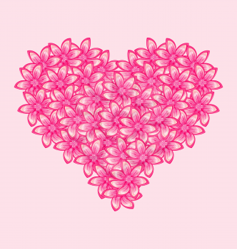 Illustration romantic heart made of pink flowers for Valentine Day - vector