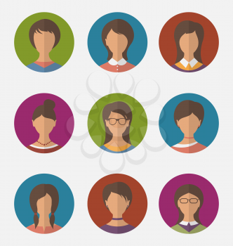 Illustration set colorful female faces circle icons, trendy flat style - vector