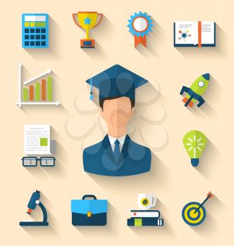 Illustration flat icons of magister and objects for high school and college education with teaching and learning, long shadow style design - vector