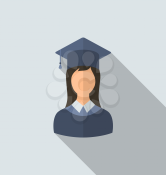 Illustration flat icon of female graduate in graduation hat, minimal style with long shadow - vector