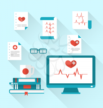 Illustration set modern flat medical icons with paper documents with electrocardiograms - vector