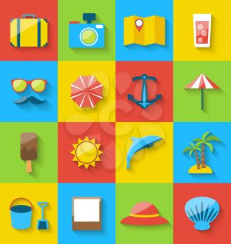 Illustration flat icons of holiday journey, summer pictogram, sea leisure, colorful simple icons with long shadow - vector