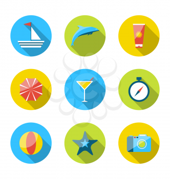 Illustration flat modern set icons of traveling, planning summer vacation, tourism and journey objects - vector