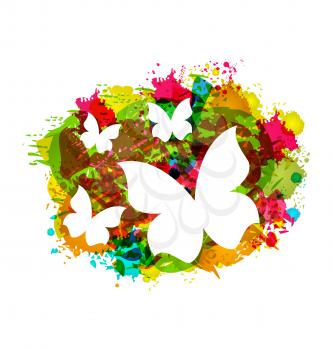Illustration White Butterflies on Colorful Grunge Texture - Vector