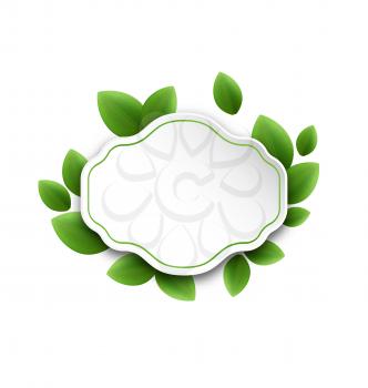 Illustration abstract label with eco green leaves, isolated on white background - vector