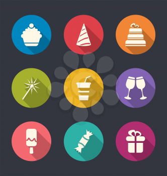 Illustration set flat icons of party objects with long shadows - vector
