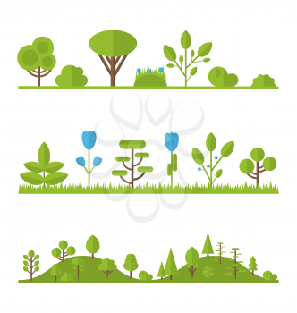 Illustration collection set flat icons tree, pine, oak, spruce, fir, garden bush isolated on white - vector