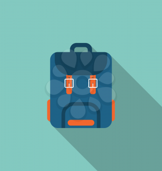 Flat Icon of Backpack with Long Shadow on blue background - Vector