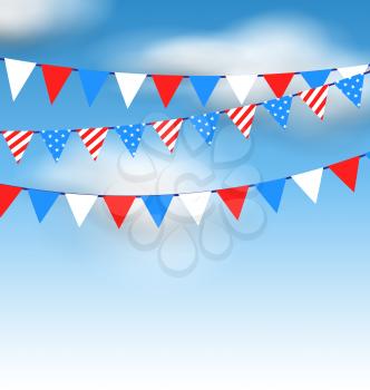 Illustration Hanging Bunting Pennants in National American Colors for Holidays, Blue Sky with Clouds - Vector