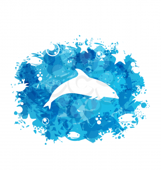 Illustration Grunge Blue Colorful Frame with Jumping Dolphin - Vector