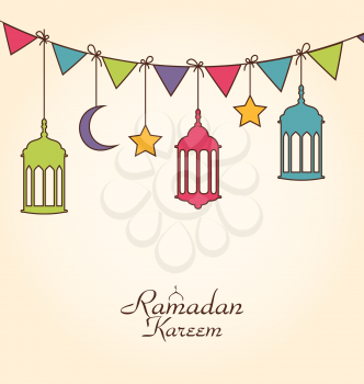 Illustration Celebration Card for Ramadan Kareem with Colorful Hanging Lamps and Bunting - Vector