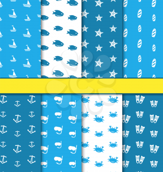 Illustration Set Seamless Pattern with Nautical Elements (Sailboats, Fishes, Starfishes, Surfboards, Anchors, Diving Masks, Crabs, Flippers), Blue and White Colors - Vector