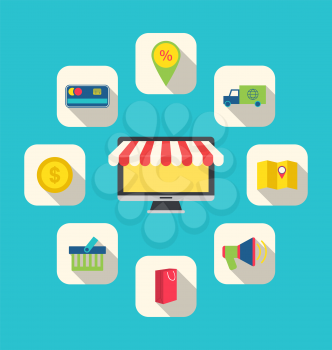 Illustration Flat Icons of E-commerce Shopping Symbols, Online Shop Elements and Commerce Item - Vector