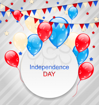 Illustration Celebration Card with Balloons and Hanging Bunting Pennants in American Flag Colors for Independence Day - vector