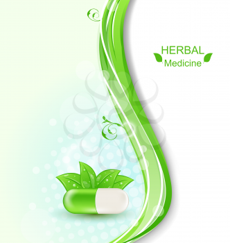 Illustration Medical Wavy Background with Pill and Green Leaves, Herbal Medicine - Vector