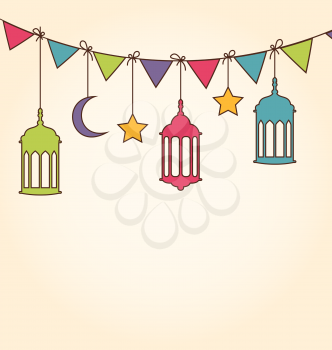 Illustration Background for Ramadan Kareem with Colorful Hanging Lamps and Bunting Pennants - Vector