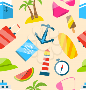Illustration Seamless Texture of Travel on Holiday Journey, Summer Flat Icons - Vector