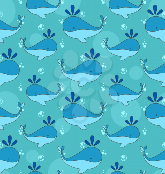 Illustration Seamless Texture with Cartoon Whales, Nautical Wallpaper - Vector