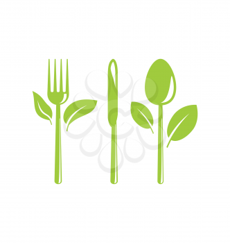 Illustration Green Healthy Food Icon with Cutlery and Leaves - Vector