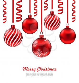 Illustration Merry Christmas Card, Red Glass Balls with Serpentine Isolated on White Background - Vector