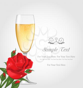 Illustration Greeting Postcard with Glass of Champagne and Rose Flower - Vector
