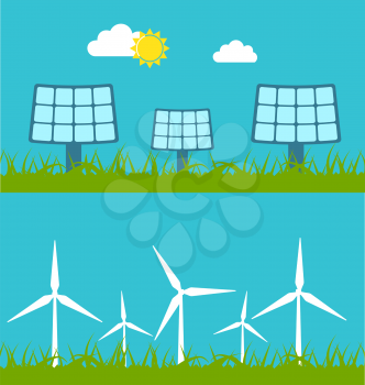 Illustration Abstract Banners with Solar Panels and Wind Generators, Alternative Sources Energy - Vector