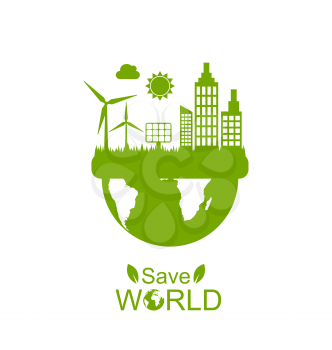 Illustration Concept of Save World, Green Houses, Solar Panels and Wind Generators - Vector