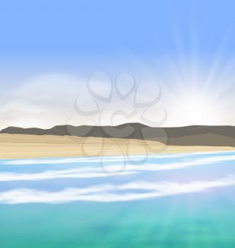 Illustration Beautiful Summer Landscape with Blue Ocean, Mountain, Shore and Far Clouds on Horizon - Vector