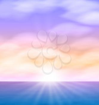 Sea Sunrise with Bright Sun Colorful Sky Fluffy Clouds - vector