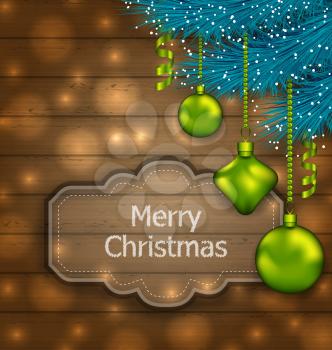Illustration Christmas Card with Balls and Fir Twigs on Wooden Texture with Light - vector