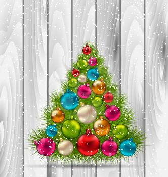 Illustration Christmas Tree and Colorful Balls on Wooden Background - vector