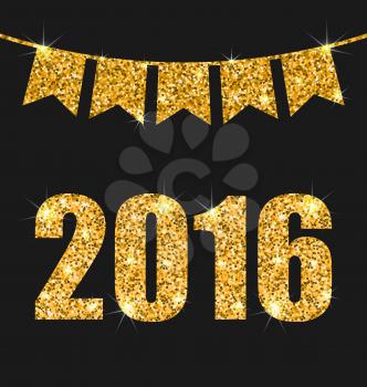 Illustration Light Background with Golden Dust and Pennants for Happy New Year 2016 - Vector