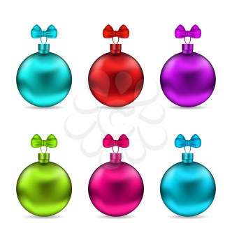 Illustration Collection Christmas Colorful Glassy Balls with Bows Isolated on White Background - Vector