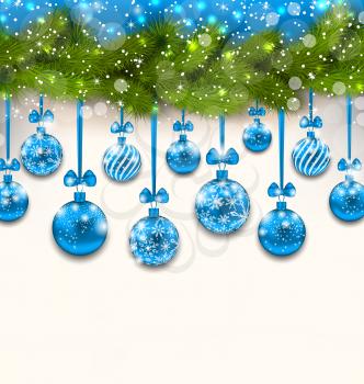 Illustration Shimmering Light Wallpaper with Fir Branches and Blue Glassy Balls for Happy Winter Holidays - Vector