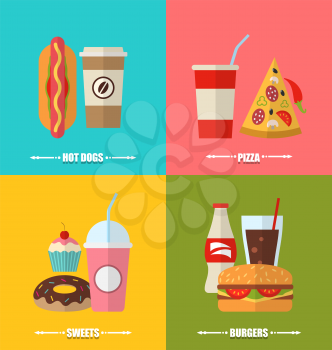 Illustration set fast food and drink, flat colorful simple icons - vector
