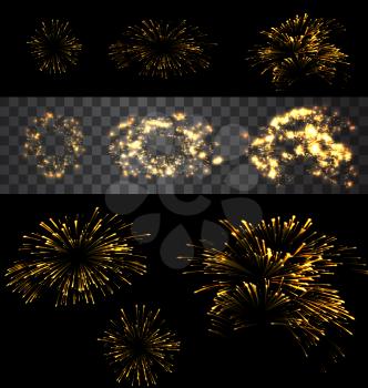 Set of isolated golden fireworks on black and transparent backdrop - vector