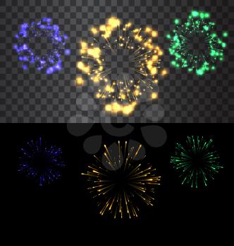 Set of isolated golden fireworks on black and transparent backdrop - vector